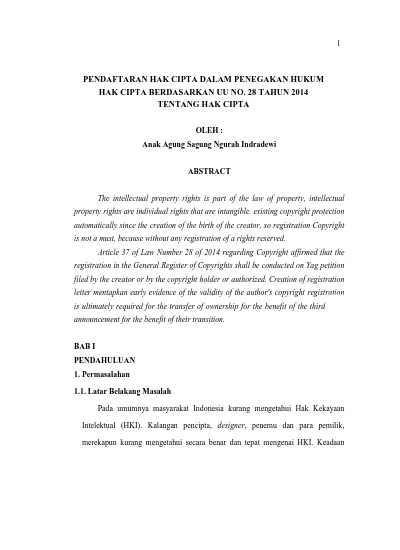 PENDAFTARAN HAK CIPTA DALAM PENEGAKAN HUKUM HAK CIPTA BERDASARKAN UU NO ...