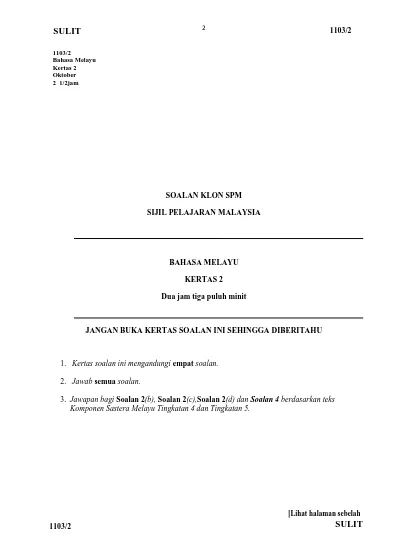 Soalan Klon Spm Sijil Pelajaran Malaysia Bahasa Melayu Kertas 2 Dua Jam Tiga Puluh Minit Jangan Buka Kertas Soalan Ini Sehingga Diberitahu