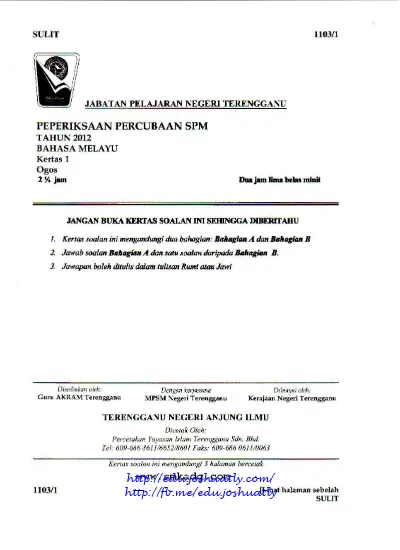 Peperiksaan Percubaan Spm Tahun2012 Bahasa Melayu Kertas 1 Ogos 2 Jam Dua Jam Lima Bela Minit