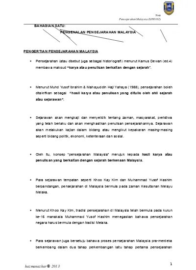 Nota SJH3102 Bab 1 Pengenalan Pensejarahan Msia