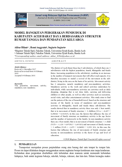 This Pdf File Model Bangkitan Pergerakan Penduduk Di Kabupaten Aceh Barat Daya Berdasarkan Struktur Rumah Tangga Dan Pendapatan Keluarga Hikmi Jurnal Arsip Rekayasa Sipil Dan Perencanaan 1 Pb