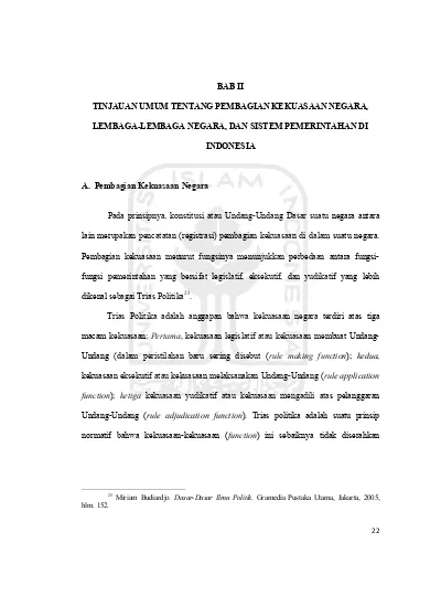Bab Ii Tinjauan Umum Tentang Pembagian Kekuasaan Negara Lembaga Lembaga Negara Dan Sistem Pemerintahan Di Indonesia