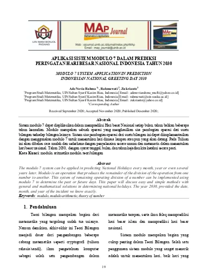 Aplikasi Sistem Modulo 7 Dalam Prediksi Peringatan Hari Besar Nasional Indonesia Tahun 2030