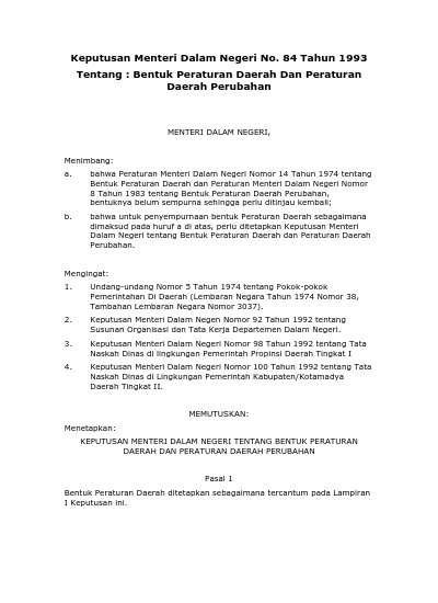 Keputusan Menteri Dalam Negeri No. 84 Tahun 1993 Tentang : Bentuk ...