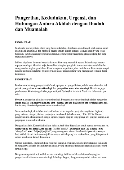 Pangertian Kedudukan Urgensi Dan Hubungan Antara Akidah Dengan Ibadah Dan Muamalah