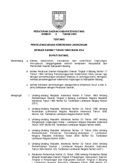 PERATURAN DAERAH KABUPATEN BATANG NOMOR 5 TAHUN 2005 TENTANG ...