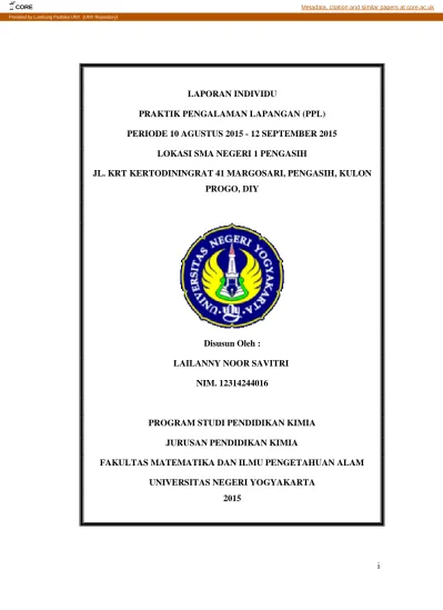 Laporan Individu Praktik Pengalaman Lapangan Periode 10 Agustus 12 September 2015 Lokasi Sma Negeri 1 Purworejo Jln Tentara Pelajar No 55 Purworejo