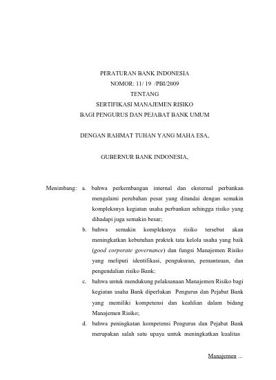 PERATURAN BANK INDONESIA NOMOR: 11/ 19 /PBI/2009 TENTANG SERTIFIKASI ...