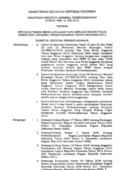 PERATURAN DIREKTUR JENDERAL PERBENDAHARAAN NOMOR PER-12 /PB/2013 TENTANG