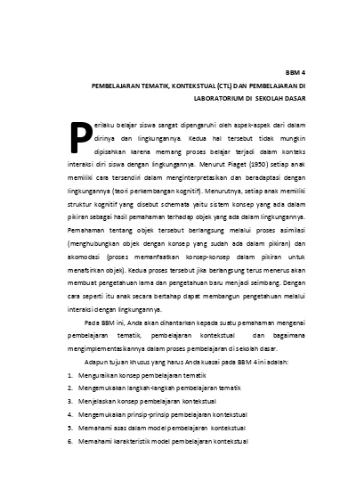 Pembelajaran Tematik Kontekstual Ctl Dan Pembelajaran Di Laboratorium Di Sekolah Dasar