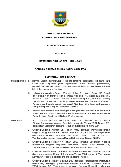 PERATURAN DAERAH KABUPATEN BANDUNG BARAT NOMOR 11 TAHUN 2010 TENTANG ...