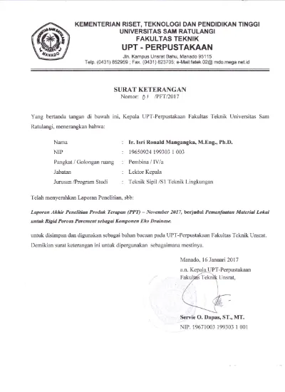 Kementerian Riset Teknologi Dan Pendidikan Tinggi Universitas Sam Ratulangi Fakultas Teknik Upt 8344