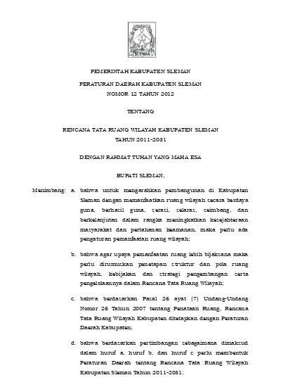 Pemerintah Kabupaten Sleman Peraturan Daerah Kabupaten Sleman Nomor 12 Tahun 2012 Tentang 9091