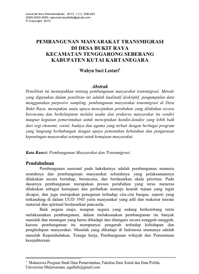 Pembangunan Masyarakat Transmigrasi Di Desa Bukit Raya Kecamatan Tenggarong Seberang Kabupaten Kutai Kartanegara