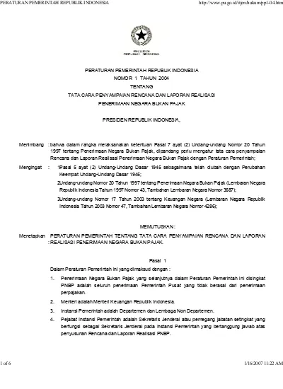 PERATURAN PEMERINTAH REPUBLIK INDONESIA NOMOR 1 TAHUN 2004 TENTANG TATA ...