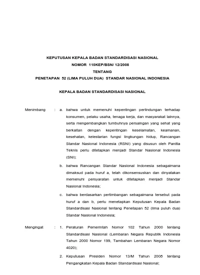 KEPUTUSAN KEPALA BADAN STANDARDISASI NASIONAL NOMOR 110KEP/BSN/ 12/2008 ...