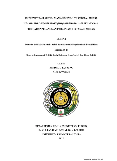 Implementasi Sistem Manajemen Mutu International Standards Organization Iso 9001 2000 Dalam Pelayanan Terhadap Pelanggan Pada Pdam Tirtanadi Medan