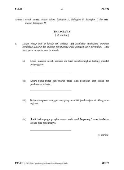 SULIT 2 PT3/02. Arahan : Jawab Semua Soalan Dalam Bahagian A, Bahagian ...