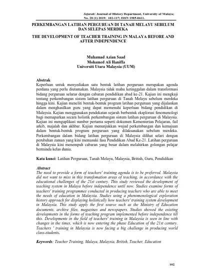 Perkembangan Latihan Perguruan Di Tanah Melayu Sebelum Dan Selepas Merdeka The Development Of Teacher Training In Malaya Before And After Independence