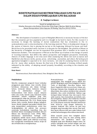 Resistematisasi Dan Restrukturalisasi Ilmu Ma Ani Dalam Desain Pembelajaran Ilmu Balaghah