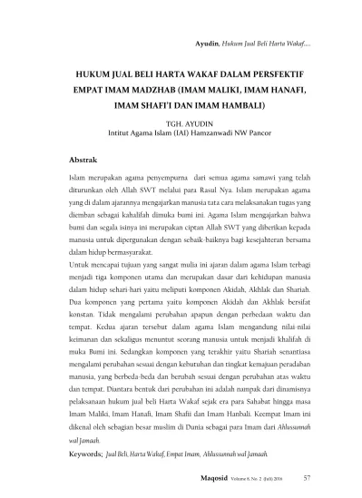 Hukum Jual Beli Harta Wakaf Dalam Persfektif Empat Imam Madzhab Imam Maliki Imam Hanafi Imam Shafi I Dan Imam Hambali