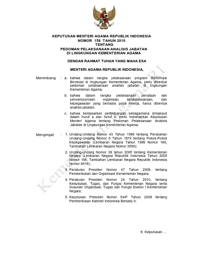 KEPUTUSAN MENTERI AGAMA REPUBLIK INDONESIA NOMOR 158 TAHUN 2010 TENTANG ...