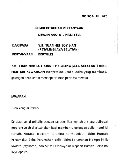 PEMBERITAHUAN PERTANYAAN DEWAN RAKYAT, MALAYSIA : Y.B. TUAN HEE 