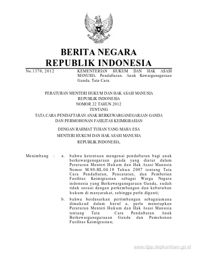 Berita Negara No 1370 2012 Kementerian Hukum Dan Hak Asasi Manusia Pendaftaran Anak Kewarganegaraan Ganda Tata Cara