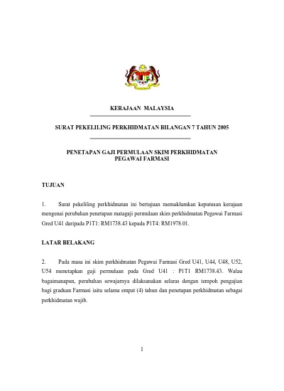 Kerajaan Malaysia Surat Pekeliling Perkhidmatan Bilangan 7 Tahun 2005 Penetapan Gaji Permulaan Skim Perkhidmatan Pegawai Farmasi