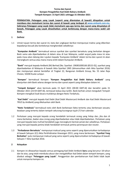 Terma Dan Syarat Kempen Pengaktifan Kad Debit Baharu Ambank Tempoh Kempen 15 April 2021 Sehingga 31 Oktober 2021