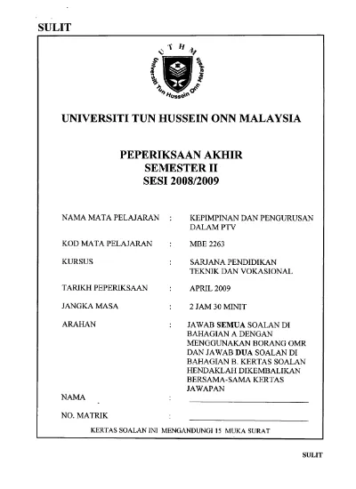 Lffi Universiti Tun Hussein Onn Malaysia Sulit Peperiksaan Akhir Semester Ii Sesr 2008 2009 Nama Nama Mata Pelajaran Arahan