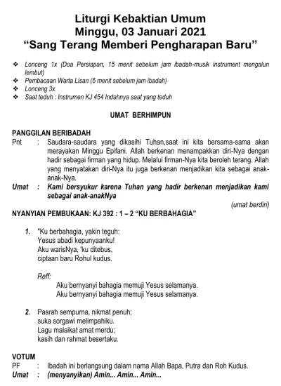 Liturgi Kebaktian Umum Minggu 03 Januari 2021 Sang Terang Memberi Pengharapan Baru