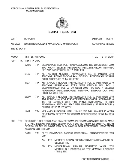 SURAT TELEGRAM DARI : KAPOLRI DERAJAT : KILAT KEPADA : DISTRIBUSI A KMA ...