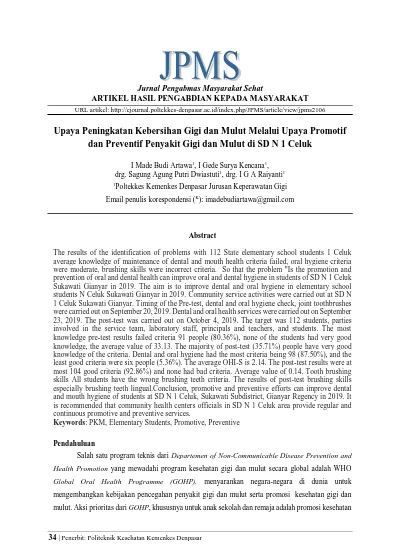 Upaya Peningkatan Kebersihan Gigi Dan Mulut Melalui Upaya Promotif Dan Preventif Penyakit Gigi Dan Mulut Di Sd N 1 Celuk
