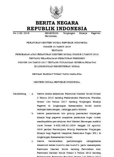 BERITA NEGARA REPUBLIK INDONESIA No.1183, 2019 KEMENSOS. Tunjangan ...