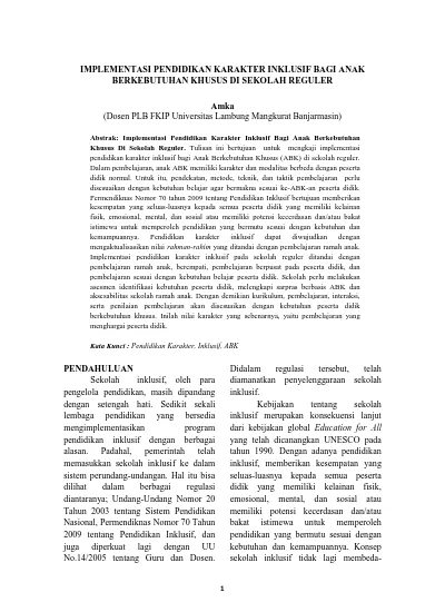 Implementasi Pendidikan Karakter Inklusif Bagi Anak Berkebutuhan Khusus Di Sekolah Reguler