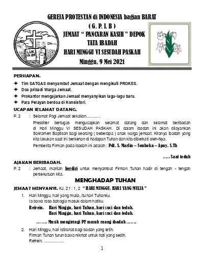 GEREJA PROTESTAN Di INDONESIA Bagian BARAT ( G. P. I. B ) JEMAAT PANCARAN KASIH DEPOK TATA ...