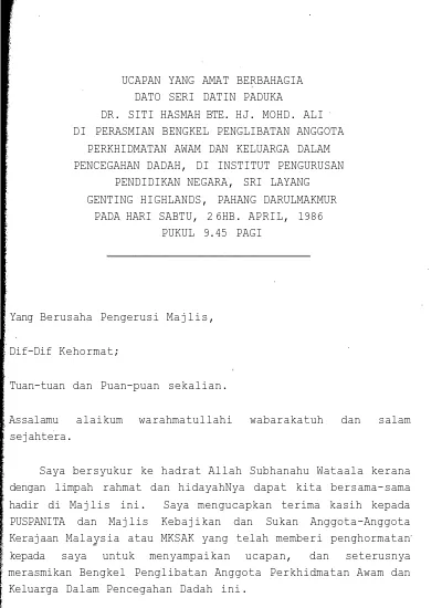 UCAPAN PERASMIAN YB DATO SRI DR. HAJI ISMAIL BIN HAJI ABD MUTTALIB 