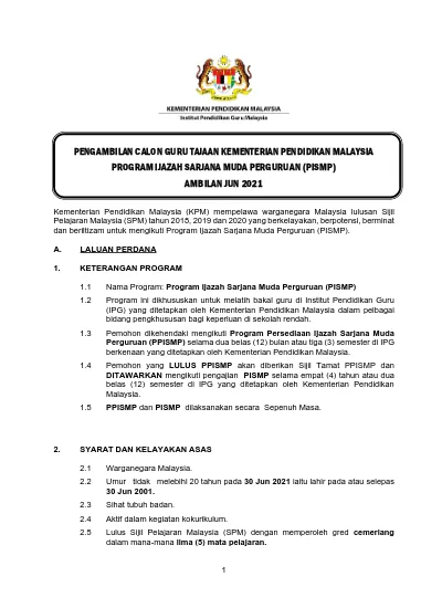 Pengambilan Calon Guru Tajaan Kementerian Pendidikan Malaysia Program Ijazah Sarjana Muda Perguruan Pismp Ambilan Jun 2021