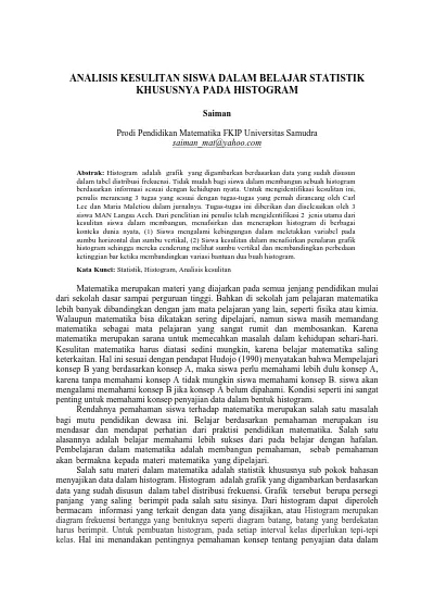 Analisis Kesulitan Siswa Dalam Belajar Statistik Khususnya Pada Histogram Saiman Aksioma Jurnal Pendidikan Matematika 7180 23881 1 Pb