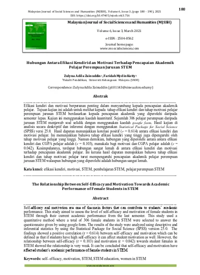 Hubungan Antara Efikasi Kendiri Dan Motivasi Terhadap Pencapaian Akademik Pelajar Perempuan Jurusan Stem Abstrak