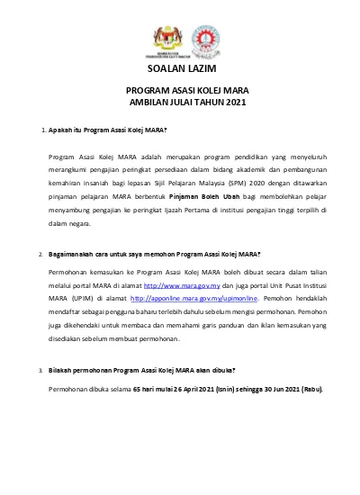 Soalan Lazim Program Asasi Kolej Mara Ambilan Julai Tahun 2021