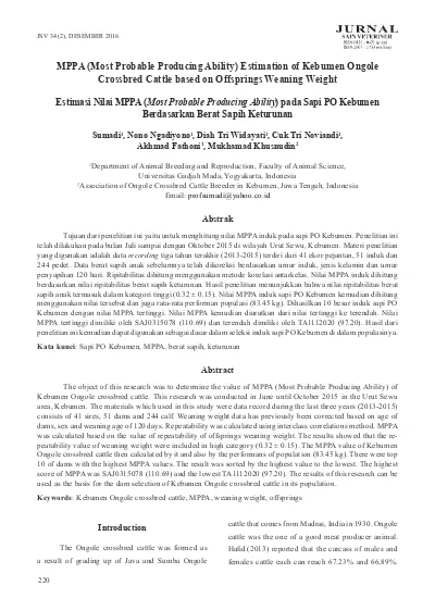 Nilai Pemuliaan (NP): Estimated Breeding Value Producing ability (MPPA)