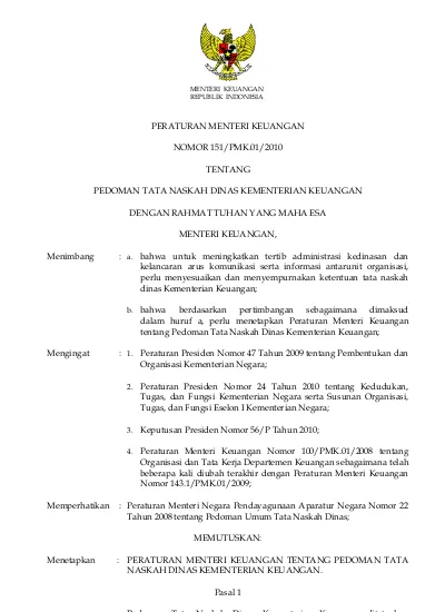 PERATURAN MENTERI KEUANGAN NOMOR 151/PMK.01/2010 TENTANG PEDOMAN TATA ...