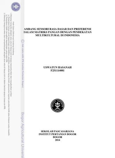 Ambang Sensori Rasa Dasar Dan Preferensi Dalam Matriks Pangan Dengan Pendekatan Multikultural Di Indonesia Uswatun Hasanah F