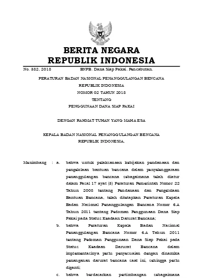 2018, No Peraturan Badan Nasional Penanggulangan Bencana Tentang ...