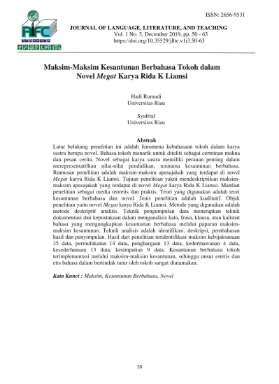 Maksim Maksim Kesantunan Berbahasa Tokoh Dalam Novel Megat Karya Rida K Liamsi