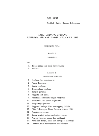 D R 39 97 Rang Undang Undang Lembaga Minyak Sawit Malaysia 1997