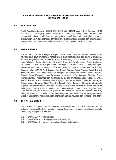 Analisis Kepada Hasil Laporan Audit Pensijilan Semula Ms Iso 9001 2008