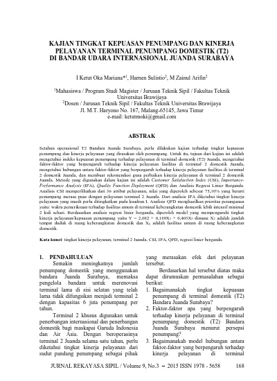 Kajian Tingkat Kepuasan Penumpang Dan Kinerja Pelayanan Terminal Penumpang Domestik T2 Di Bandar Udara Internasional Juanda Surabaya